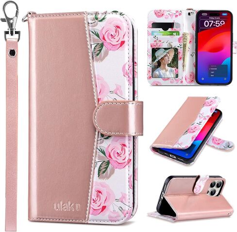ULAK Compatible with iPhone 15 Pro Max Wallet Case for Women with Card Holder, Design Flower Flip PU Leather Kickstand Shockproof Protective Phone Cover for iPhone 15 Pro Max 6.7'' 2023, Rose Gold in Saudi Arabia