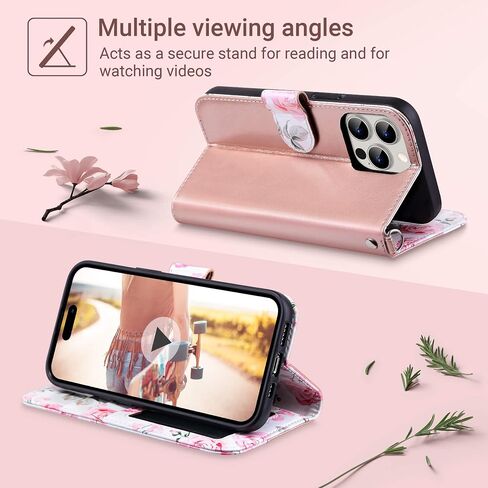 ULAK Compatible with iPhone 15 Pro Max Wallet Case for Women with Card Holder, Design Flower Flip PU Leather Kickstand Shockproof Protective Phone Cover for iPhone 15 Pro Max 6.7'' 2023, Rose Gold in Saudi Arabia