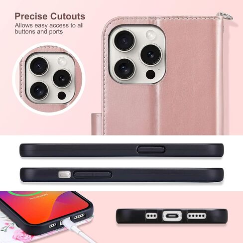 ULAK Compatible with iPhone 15 Pro Max Wallet Case for Women with Card Holder, Design Flower Flip PU Leather Kickstand Shockproof Protective Phone Cover for iPhone 15 Pro Max 6.7'' 2023, Rose Gold in Saudi Arabia