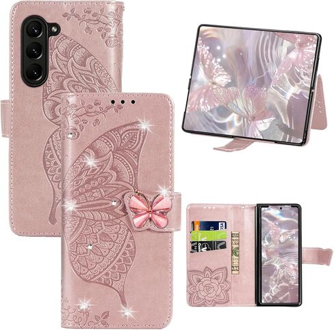 CCSmall for Samsung Galaxy Z Fold 6 Wallet Case for Women Girls, Embossed Floral Butterfly PU Leather Folio Flip Case Cover with Card Slot Holder for Samsung Z Fold 6 5G Rhinestone Rose Gold in Kuwait