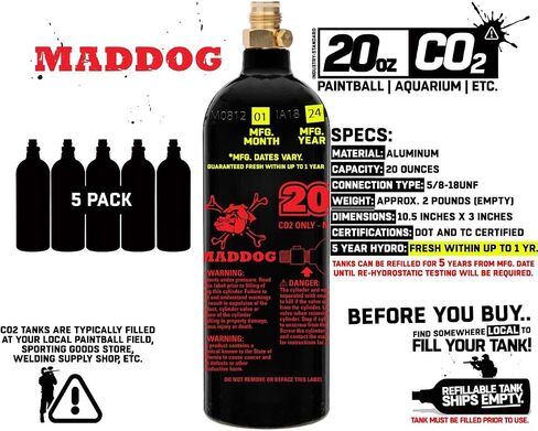Maddog 20 Oz Refillable Aluminum CO2 Paintball Tank - Ships Empty in Saudi Arabia
