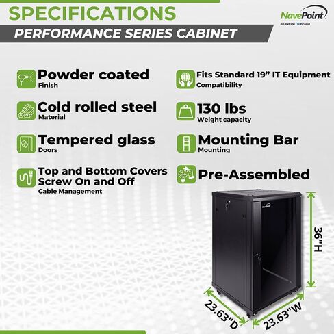 NavePoint 22U Server Cabinet Wall Mount Rack Enclosure with Caster Wheels, 2 Fans, Locking Glass Door, Removable Side Panels – 22U Network Cabinet 23.6" Deep, 19" Server Rack for A/V Equipment in Kuwait