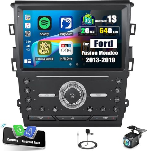 ستيريو سيارة 2G+64G Android 13 لسيارة Ford Fusion Mondeo 2013-2019 مع Carplay Android Auto، راديو سيارة بشاشة لمس عالية الدقة 9 بوصة مع نظام ملاحة GPS وبلوتوث وراديو FM/RDS SWC+كاميرا خلفية in Kuwait