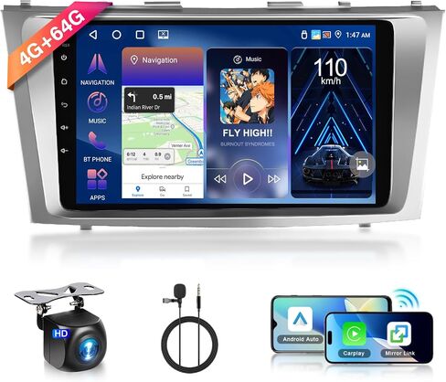 4G+64G لسيارة Toyota Camry 2006-2011 مستقبل ستيريو سيارة CarPlay لاسلكي، 9 بوصة Android Auto IPS 1280 * 720 وحدة رأس تعمل باللمس، راديو سيارة Android 32EQ DSP بلوتوث FM WiFi/GPS/HD كاميرا احتياطية in Saudi Arabia