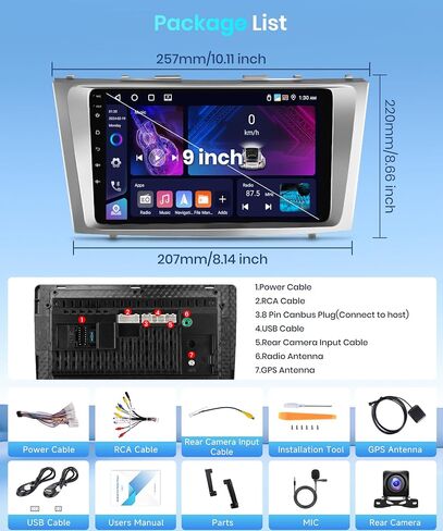 4G+64G لسيارة Toyota Camry 2006-2011 مستقبل ستيريو سيارة CarPlay لاسلكي، 9 بوصة Android Auto IPS 1280 * 720 وحدة رأس تعمل باللمس، راديو سيارة Android 32EQ DSP بلوتوث FM WiFi/GPS/HD كاميرا احتياطية in Saudi Arabia