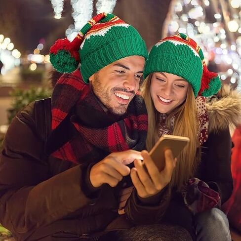 Christmas Elf-Hats Knitted Beanies-Hat for Women Men - Santa Skull Cap with Pompom in Saudi Arabia