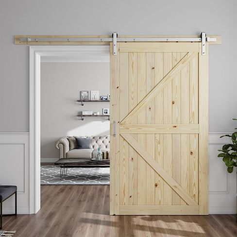 SMARTSTANDARD 30in x 80in Sliding Barn Door with 5ft Barn Door Hardware Kit & Handle, Pre-Drilled Ready to Assemble, DIY Unfinished Solid Spruce Wood Panelled Slab, K-Frame Natural in Kuwait