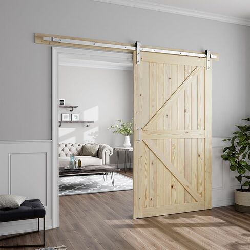SMARTSTANDARD 30in x 80in Sliding Barn Door with 5ft Barn Door Hardware Kit & Handle, Pre-Drilled Ready to Assemble, DIY Unfinished Solid Spruce Wood Panelled Slab, K-Frame Natural in Kuwait