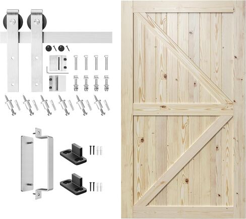 SMARTSTANDARD 30in x 80in Sliding Barn Door with 5ft Barn Door Hardware Kit & Handle, Pre-Drilled Ready to Assemble, DIY Unfinished Solid Spruce Wood Panelled Slab, K-Frame Natural in Kuwait