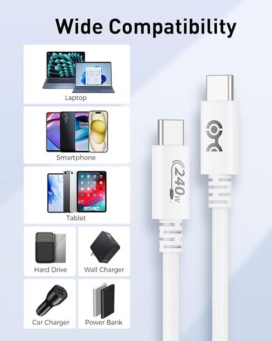 مسائل الكابل [معتمد من USB-IF] كابل USB C بقدرة 240 واط بطول 6.6 قدم باللون الأبيض لأجهزة MacBook Pro وiPad Pro وiPhone 16/15 وApple Vision Pro (كابل شاحن USB C بقدرة 140 واط، وكابل شحن USB C، USB 2.0، بدون فيديو) in Kuwait