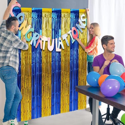6 Pack 3.3X6.6Ft Blue Dog Foil Fringe Curtains Backdrop Decorations, Orange Blue and Light Blue Birthday Party Tinsel Metallic Streamers Photo Booth Background for Blue Dog Theme Party Supplies in Kuwait