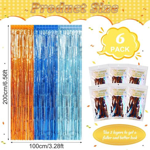 6 Pack 3.3X6.6Ft Blue Dog Foil Fringe Curtains Backdrop Decorations, Orange Blue and Light Blue Birthday Party Tinsel Metallic Streamers Photo Booth Background for Blue Dog Theme Party Supplies in Kuwait