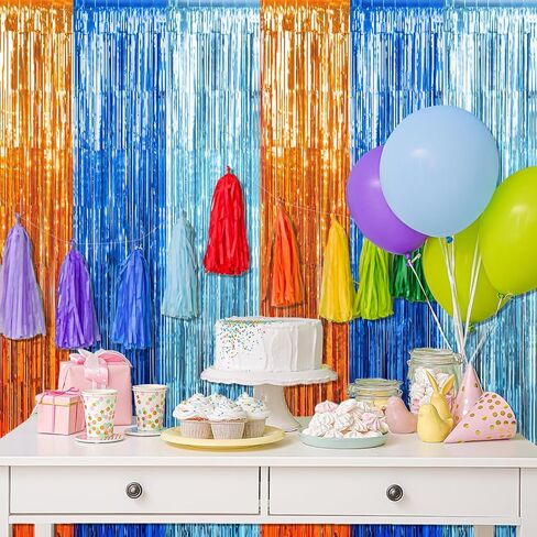 6 Pack 3.3X6.6Ft Blue Dog Foil Fringe Curtains Backdrop Decorations, Orange Blue and Light Blue Birthday Party Tinsel Metallic Streamers Photo Booth Background for Blue Dog Theme Party Supplies in Kuwait