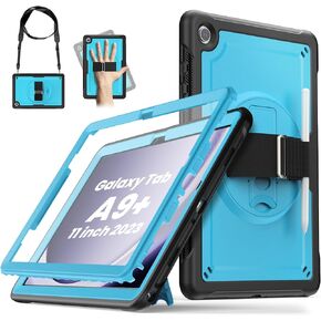 Lainergie Samsung Galaxy Tab A9+/A9 Plus Case 11" 2023 (SM-X210/X216/X218), Full Body Shockproof Protective Case with Screen Protector, 360°Rotating Stand, Hand/Shoulder Strap and Pen Holder, Black
