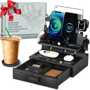 قاعدة شحن خشبية للهاتف لما يصل إلى 3 هواتف - منظم منضدة مع درج للأشياء الثمينة للرجال والنساء، متوافق مع ساعة أبل، يحمل الهواتف والأجهزة اللوحية والمفاتيح والخواتم والنظارات والساعات وEDC in Kuwait