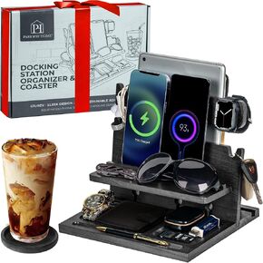 Wood Phone Docking Station for up to 3 Phones - Nightstand Organizer with Drawer for Valuables for Men & Women, Compatible with Apple Watch, Holds Phones, Tablets, Keys, Rings, Glasses, Watches & EDC