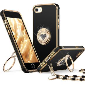 XYZ Case for iPhone SE 2022 [3rd Gen], SE 2020 [2nd Gen], iPhone 8/7 Phone Case with Double Ring Kickstand, Women Girl Cute Love-Heart Luxury Bling Protective Case for iPhone 7/8/SE, Black