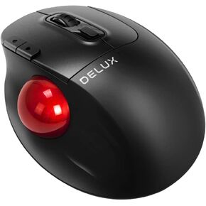 DeLUX Bluetooth Trackball Mouse, Wireless Ergonomic Rollerball Mouse with 2400DPI, Smooth Easy Thumb Control, 3 Devices Connection, Red Ball, Compatible for Windows, PC, Mac (MT1-Black)