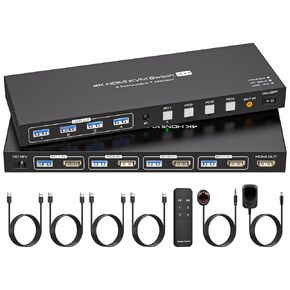 Dual Monitor HDMI KVM Switch 4 Computers 2 Monitors 8K@60Hz 4K@120Hz 4 Port KVM Switches for 4 PC Share 4 USB 3.0 Devices Support Copy and Extend Mode Includes Remote Control and Power Adapter