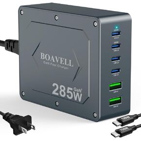 USB C Charger, 6 Ports GaN 285W USB C Charger Block with 5FT 100W USB C Charger Cable, USB C Wall Charger Fast Charging for iPhone 16 15 14, MacBook, iPad, Galaxy and More