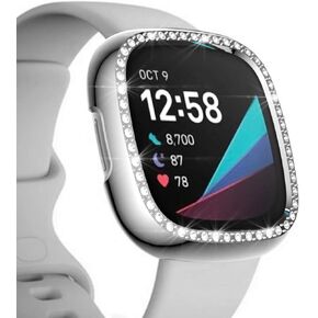 FitTurn Bling Bumper Case Compatible with Fitbit Versa 3 & Sense Watch Crystal Diamonds Plate Protector Case Cover Scratch Resistant Shock Slim TPU Shell for Versa 3 & Sense Smart Watch (Silver)