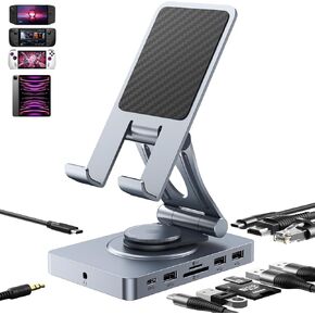 USB C Hub (11-in-1) with SD TF 4.0 Reader, 4K@60Hz HDMI, RJ45, Audio, USB A, USB C, Foldable and Rotatable USB C Docking Station Stand for iPad, Steam Deck, ROG Ally, iPhone 15, Samsung, Laptop, etc.