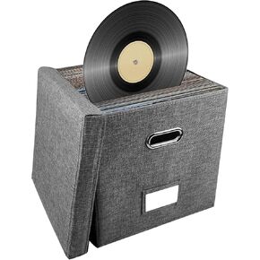 Vinyl Record Storage Box with Lid, Stylish and Practical LP Record Manager, Holds 50+ Single Record Phone Cases, Perfect Storage BoxFor Living Room, Study, Concert Hall or Office (Gray)