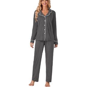 LYANER Women's Softest PJ Set 2 Piece V Neck Long Sleeve Button Down Sleepwear Lounge Pajama Sets