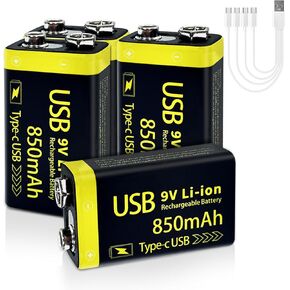 9V Rechargeable Lithium Batteries, 9 Volt Lithium ion 850mAh Li-ion Batteries, 500 Cycles Charge 6F22 Batteries for Smoke Alarms, Metal Detectors, Microphones (4-Packs)