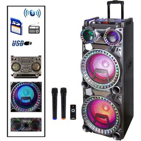 Befree Sound Dual 10 Inch Subwoofer Bluetooth Portable Party Speaker with Sound Reactive Party Lights, USB/SD Input, Rechargeable Battery, Remote Control and 2 Wireless Microphones