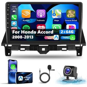 Podofo 2G+64G Car Stereo for Honda Accord 2008-2013 with Wireless Apple Carplay & Android Auto, 10 Inch IPS Touchscreen Car Radio with Bluetooth/GPS/WiFi/SWC/FM&RDS Radio + AHD Backup Camera + MIC