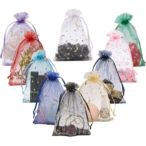 WenTao 100PCS Moon Star Sheer Organza Bags, Mixed Color Wedding Favor Bags with Drawstring, 5x7 Jewelry Gift Bags for Party, Jewelry, Christmas, Festival, Makeup Organza Favor Bags