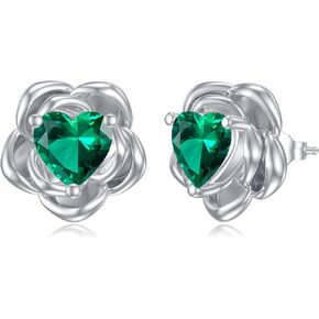 Gnteey Emerald Earrings 925 Sterling Silver Rose Flower Stud Earrings 6.5mm*6.5mm Emerald Stud Earrings for Women
