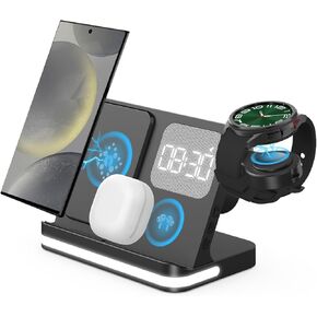 4 in 1 Wireless Charger with Alarm Clock Compatible for Galaxy Watch 7/Ultra/FE/6/5/5 Pro/4 Galaxy S24/Ultra/S24+/S23/Note 20/Z Flip 6/5 Fold 6/5 Galaxy Buds 3/2/Pro Multiple Devices Charging Station