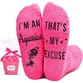 HAPPYPOP Funny Crazy Astrology Space Aquarius Zodiac Constellation Horoscope Gifts for Women Teen Girls, Fuzzy Fluffy Star Galaxy Aquarius Socks