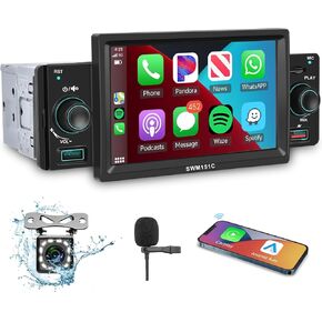 Carplay Single Din Radio 5 Inch Touch Screen Car Stereo with Car Play Android Auto, Bluetooth 5.1,HD Backup Camera, Mirror Link, Siri Voice Control, USB, FM, SWC, Dual Mic,Remote Control USB/TF Ports