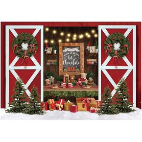 Allenjoy 82" x 59" Christmas Photography Backdrop Red Barn Door Pine Tree Toy Gift Warm Winter Hot Chocolate Bar Xmas Holiday Background Party Banner Decor Baby Kids Family Photo Booth Studio Props