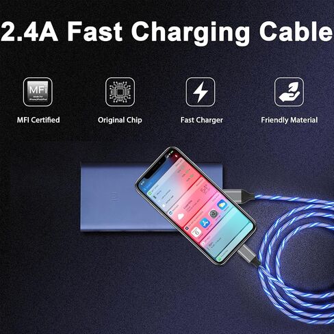 كابل شاحن iPhone مضيء، سلك شاحن iPhone LED، معتمد من Apple MFi، شحن USB سريع رائع لهاتف iPhone 14 13 12 11 Pro Max XR X SE 8 Plus iPad iPod Touch More (3 أقدام أرجواني) in Kuwait
