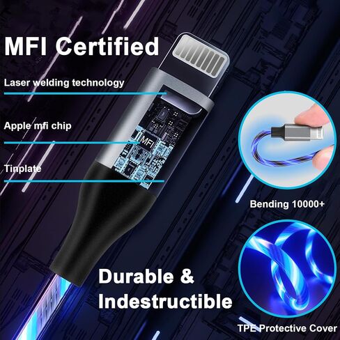 كابل شاحن iPhone مضيء، سلك شاحن iPhone LED، معتمد من Apple MFi، شحن USB سريع رائع لهاتف iPhone 14 13 12 11 Pro Max XR X SE 8 Plus iPad iPod Touch More (3 أقدام أرجواني) in Kuwait