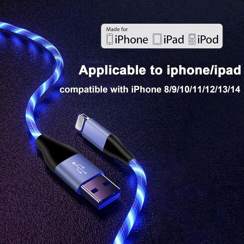 كابل شاحن iPhone مضيء، سلك شاحن iPhone LED، معتمد من Apple MFi، شحن USB سريع رائع لهاتف iPhone 14 13 12 11 Pro Max XR X SE 8 Plus iPad iPod Touch More (3 أقدام أرجواني) in Kuwait