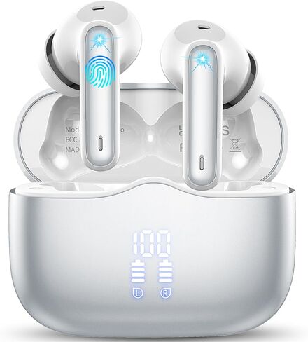 Wireless Earbud, Bluetooth 5.3 Headphones Deep Bass with 4 HD Mics, Wireless Headphones in Ear 40H Playtime, Bluetooth Earphones with Light Weight, IP7 Waterproof Ear Buds for Android iOS, SilverWhite in Saudi Arabia