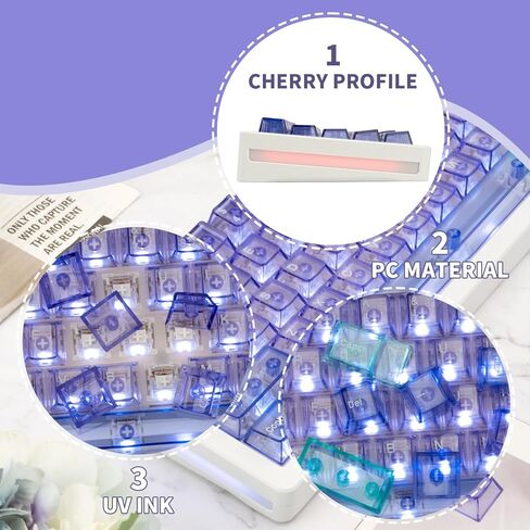 157 Keys Transparent PC Material Custom Keycaps Cherry Profile UV Transfer Printing Keycaps for Cherry MX Gateron Kailh Cross Type Switch ANSI Mechanical Keyboard (Purple) in Kuwait