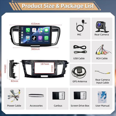 Podofo for Honda Accord 2.0L 2014 2015 2016 Wireless CarPlay Car Stereo Radio with Android Auto 10" Touch Screen Audio with GPS Navigation Mirror Link Bluetooth WiFi RDS Hi-Fi Backup Camera MIC in Saudi Arabia