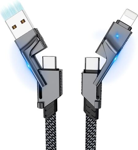 2Pack 4 in 1 USB C Cable for Lightning Cable, 60W Dual USB C Cable 6FT Flat Braided Fast Charging Cord with Lightning/Type C/USB A Multi Ports for iPhone 15 14 Pro Max Plus/i-Pad/Samsung/MacBook in Kuwait