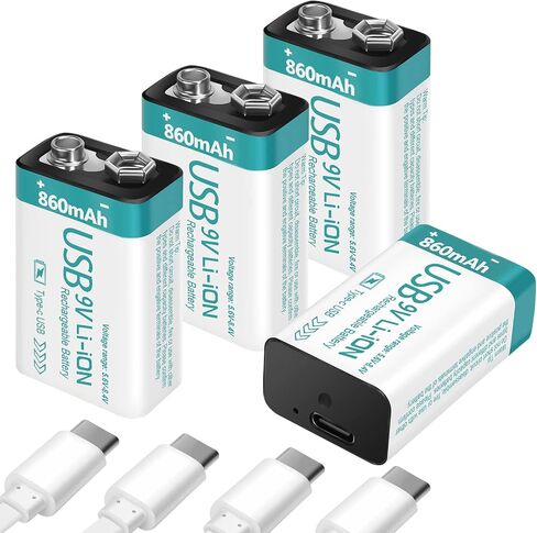 بطارية ليثيوم USB قابلة لإعادة الشحن 9 فولت 860 مللي أمبير في الساعة مع كابل شحن 4 في 1، بطاريات 9 فولت 6f22 لأجهزة إنذار كاشف الدخان (4 عبوات) in Saudi Arabia