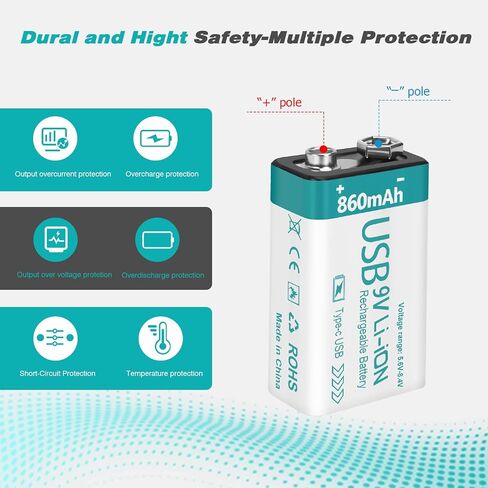 بطارية ليثيوم USB قابلة لإعادة الشحن 9 فولت 860 مللي أمبير في الساعة مع كابل شحن 4 في 1، بطاريات 9 فولت 6f22 لأجهزة إنذار كاشف الدخان (4 عبوات) in Saudi Arabia