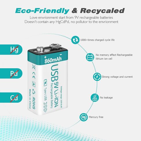 بطارية ليثيوم USB قابلة لإعادة الشحن 9 فولت 860 مللي أمبير في الساعة مع كابل شحن 4 في 1، بطاريات 9 فولت 6f22 لأجهزة إنذار كاشف الدخان (4 عبوات) in Saudi Arabia