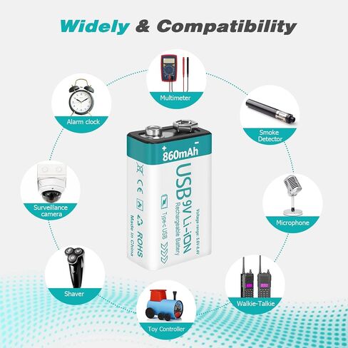 بطارية ليثيوم USB قابلة لإعادة الشحن 9 فولت 860 مللي أمبير في الساعة مع كابل شحن 4 في 1، بطاريات 9 فولت 6f22 لأجهزة إنذار كاشف الدخان (4 عبوات) in Saudi Arabia