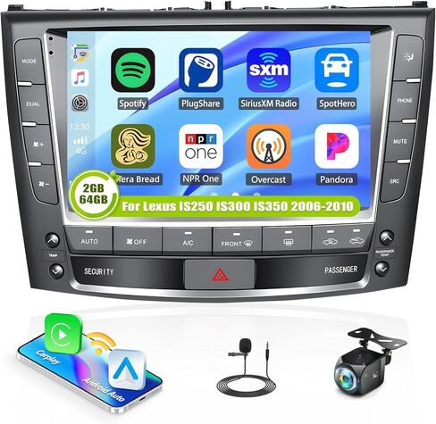 ستيريو سيارة 2G+64G Android 13 لسيارة Lexus IS250 IS300 IS350 2006-2010 مع Carplay Android Auto، راديو سيارة بشاشة لمس عالية الدقة 9 بوصات مع نظام ملاحة GPS وبلوتوث وراديو FM/RDS SWC+كاميرا خلفية in Kuwait