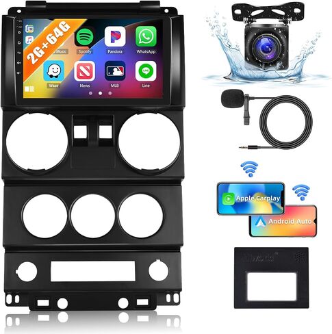 ستيريو سيارة 2G+64G لسيارة Jeep Wrangler 2007-2012 مع CarPlay Andriod Auto 9 بوصة تعمل باللمس وراديو السيارة Android 13 مع نظام ملاحة GPS بلوتوث واي فاي FM RDS كاميرا احتياطية (بابين) in Saudi Arabia